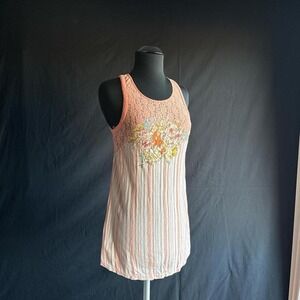 Free People Y2K Pink White Striped Floral Embroidered Tank Top Slip Dress